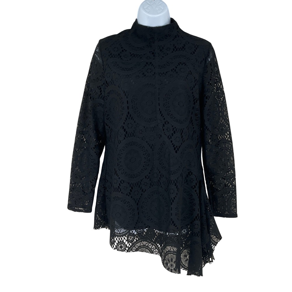 Soft Surroundings Womens Black Lace Mock Neck Asymmetrical Hem Tunic Top Sz XS/S